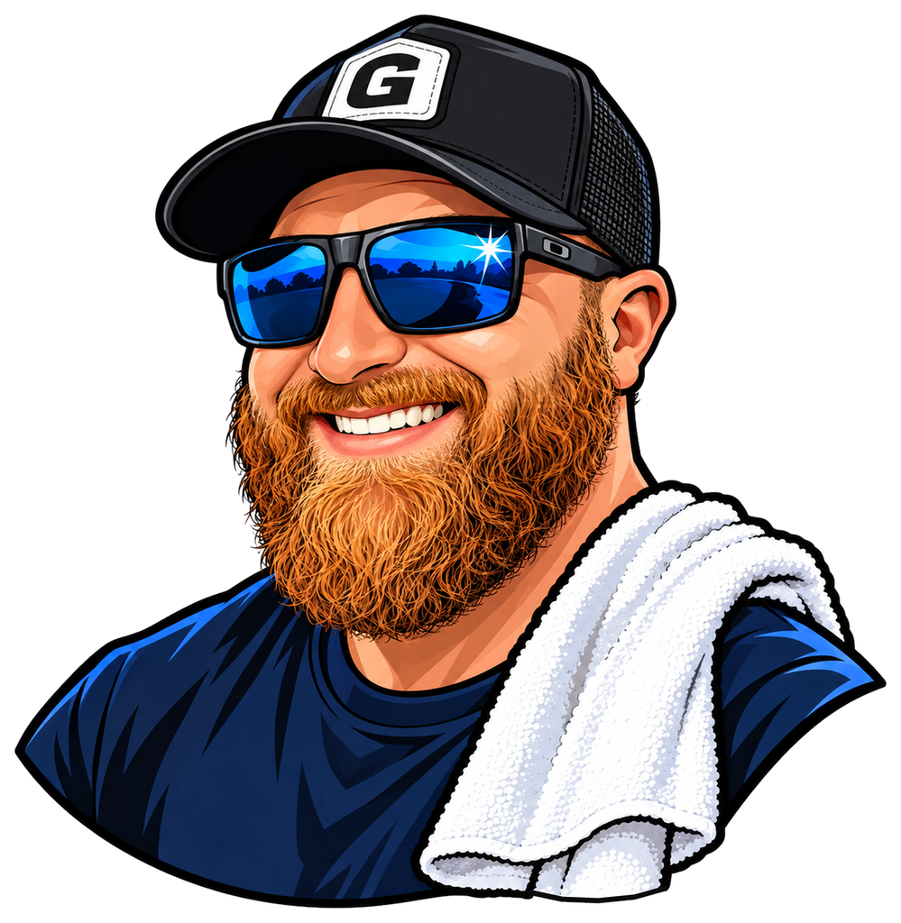 Gio's Garage mascot: Gio in a G cap and blue sunglasses with a detailing towel over his shoulder